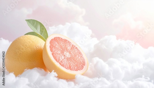 Juicy Grapefruit Halved Amongst Soft Clouds with Gentle Sunlight