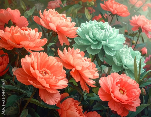 Lush peonies in vibrant coral and soft mint