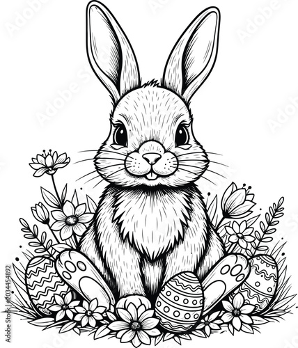 Easter bunny sitting with decorated eggs and flowers around it  black and white illustration