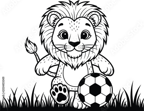 Lion playing with soccer ball on grass illustration in black and white colors