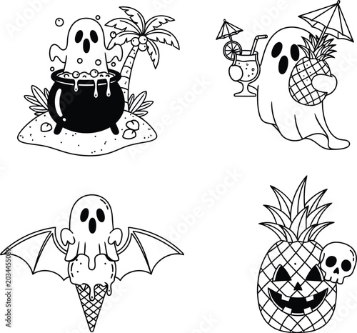 Halloween ghosts and pineapples with tropical summer theme illustrations