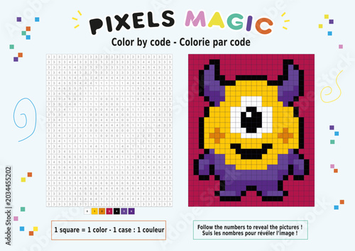 Obraz na płótnie Coloriage au numéro, pixel art : monstre jaune à un œil
