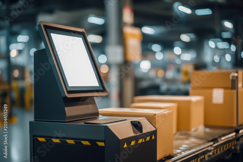 Warehouse self service terminal with parcels and conveyor setting for logistics and fulfillment operations