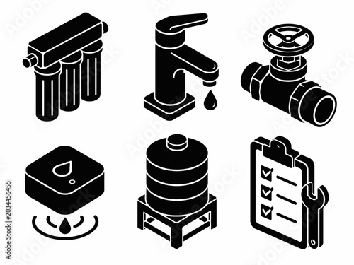Black icons of tap, valve, water filter, water tank, leak sensor, and checklist