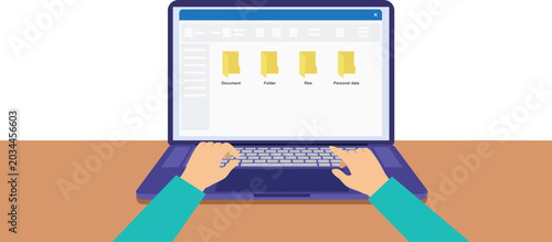 Laptop work files folder data window page laptop screen vector 
