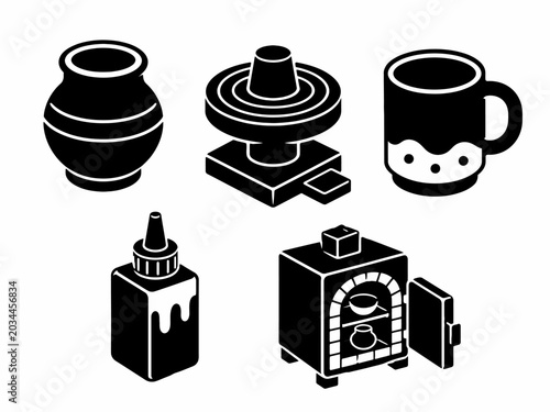 Monochrome pottery and craft symbols: pot, kiln, mug, glue, wheel