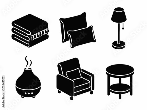 Silhouette icons of home decor: cushions, lamp, armchair, table, diffuser, blanket