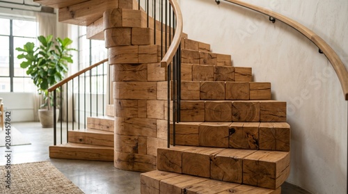 Spiral Wooden Block Staircase with Natural Light in Modern Minimalist Interior