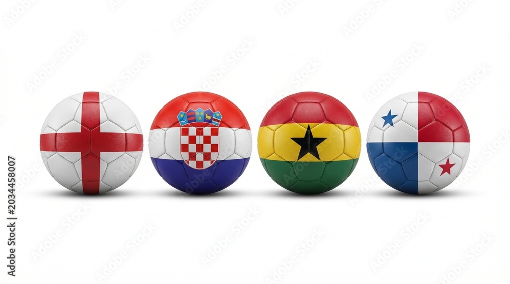 Naklejka premium Four soccer balls displaying the flags of 2026 world cup group L participants: England, Croatia, Ghana, and Panama side by side on a white surface