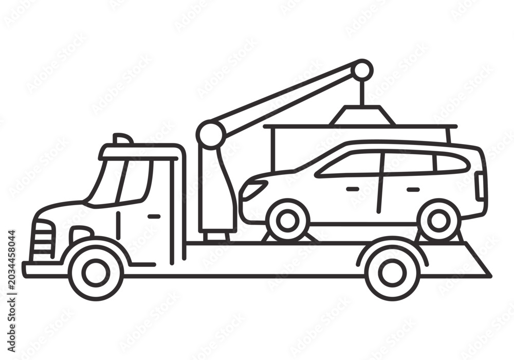 Fototapeta premium Tow truck icon.Towing truck van with car.City road assistance service .Car towing truck. Towing truck delivers the broken car. Outline vector illustration.Isolated on white background.