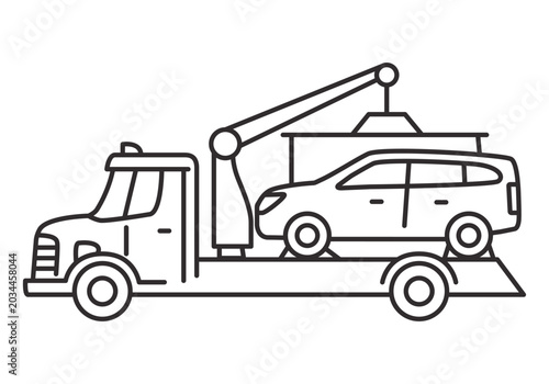 Tow truck icon.Towing truck van with car.City road assistance service .Car towing truck. Towing truck delivers the broken car. Outline vector illustration.Isolated on white background.