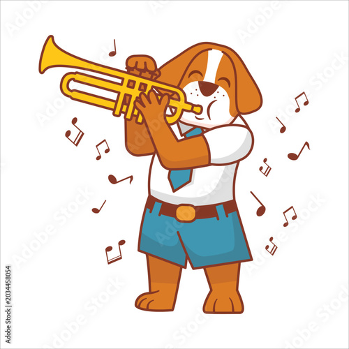 The dog plays the trumpet.Animal musician character.A student to study at a music school on the trumpet.Musical notation.Line art vector illustration.Student in school uniform