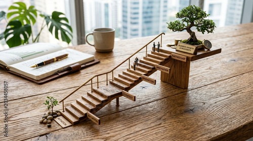 Miniature Wooden Staircase with Bonsai Tree on Rustic Desk, Creative Conceptual Still Life