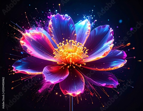 Vibrant Glowing Flower Exploding With Color Against Dark Background
