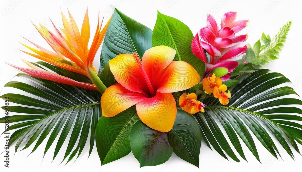 Obraz premium Vibrant Tropical Flowers With Lush Green Leaves In A Beautiful Arrangement Isolated On Transparent Background