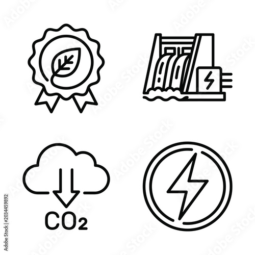 Renewable energy and sustainability line icon set featuring eco badge hydroelectric dam co2 reduction and power symbol