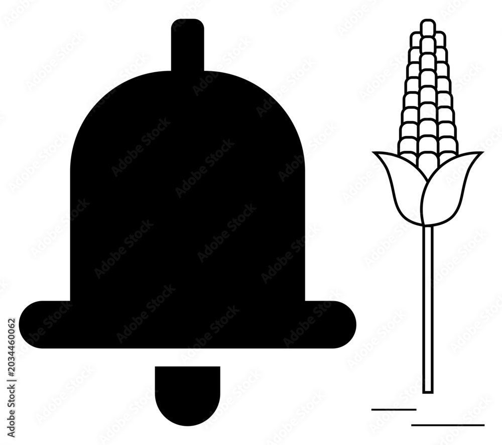 Fototapeta premium Notifications, agriculture, food industry, rural lifestyle, alarm concepts, simplicity. Black silhouette of a bell with a standing corn stalk. Notifications and agriculture concepts in minimalist