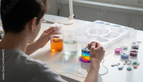 Person pouring colorful liquid into molds on a workbench