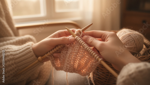 Person Knitting with Yarn Near a Window