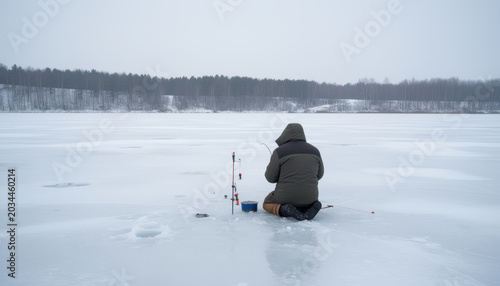 Person Ice Fishing in a Snowy Forest Landscape