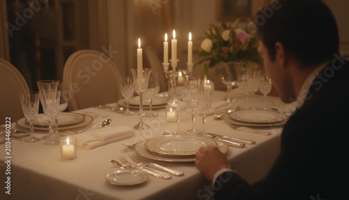 Elegant dining table set with lit candles, formal restaurant atmosphere