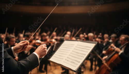 Conductor Leading an Orchestra Performance on Stage