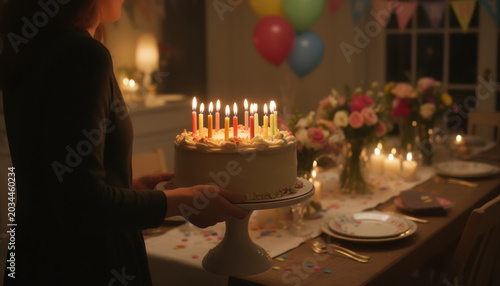 Person holding a birthday cake with lit candles at an elegant table