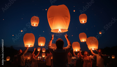 People Releasing Glowing Sky Lanterns at Dusk