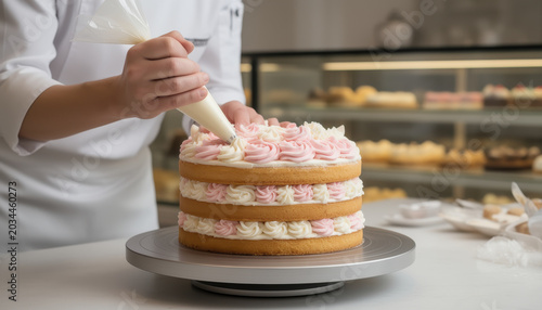 Pastry Chef Decorating a Multi-Layer Cake with Rose Icing