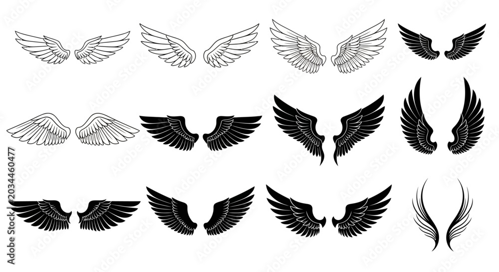 Obraz premium Heraldic angel wings collection, 12 pairs of black and white feathered wing silhouettes, vintage eagle and bird wing vector set for logos and tattoos
