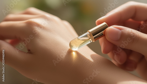 Person applying clear liquid to skin in natural light