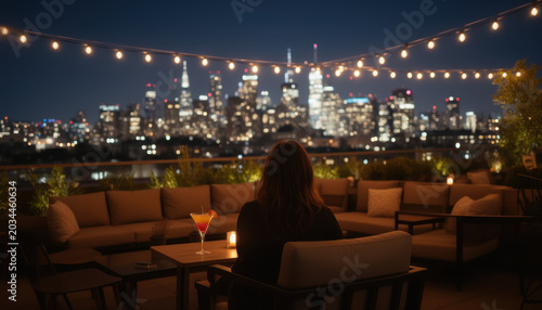 Woman enjoying cocktail on rooftop terrace with city skyline view at dusk