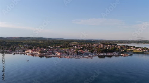 Aerial view of Bouzigues on the Thau Lagoon, in the Hérault department, Occitanie region, France