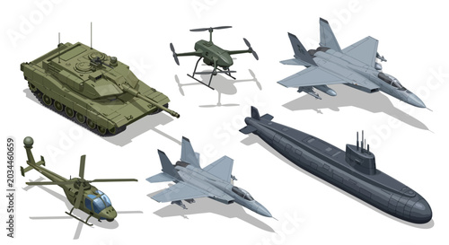 Military vehicles isometric vector set, modern army tank and fighter jet collection, combat helicopter and submarine icons for defense industry infographics