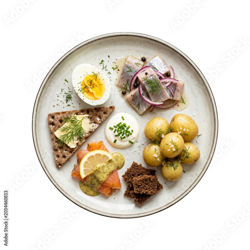 Traditional Swedish breakfast with pickled herring and boiled potatoes