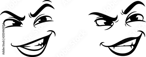 Mischievous smirk faces with raised eyebrows and devious grin black line art vector design.