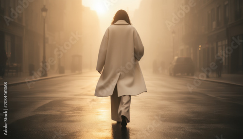 Woman walking down empty street at sunset