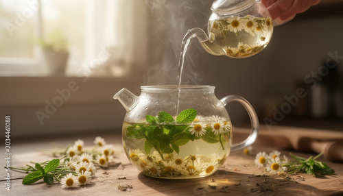 Person pouring herbal tea from a glass pitcher into a teapot