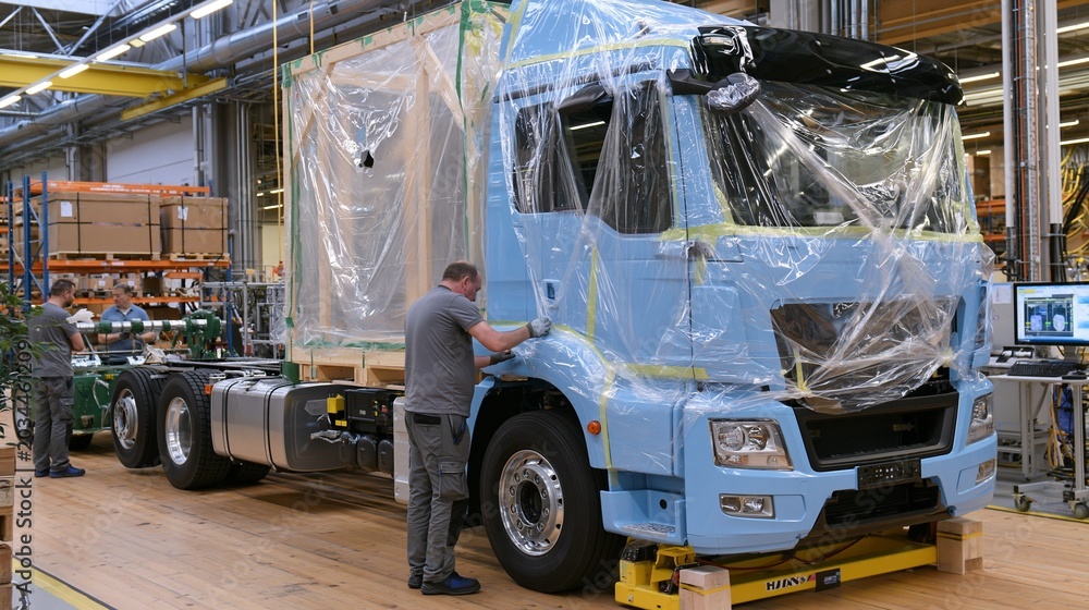Naklejka premium Medium shot showing technicians wrapping the trucks exterior in protective plastic safeguarding surfaces during transport and handling.