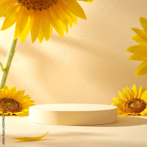 Cream Pedestal Display Surrounded by Bright Yellow Sunflowers Soft Light