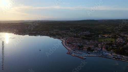 Aerial view of Bouzigues on the Thau Lagoon, in the Hérault department, Occitanie region, France