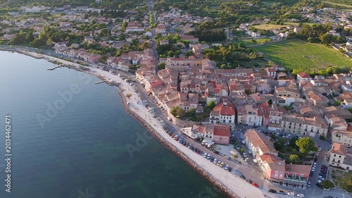 Aerial view of Bouzigues on the Thau Lagoon, in the Hérault department, Occitanie region, France