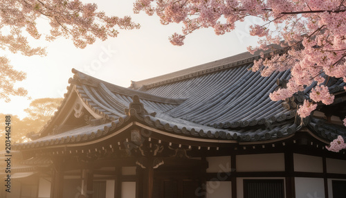 Traditional building with cherry blossoms in soft morning light