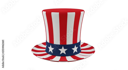 Uncle sam hat, american flag design, patriotic accessory, celebration object, united states holiday symbol.