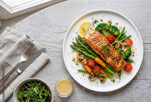 Healthy Grilled Salmon Flat Lay with Fresh Green Vegetables on White Plate
