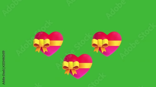 3D Heart Gift Boxes with Gold Ribbon Animation on Green Screen. Animated Love Heart Gift Packages 3D Render Green Background.