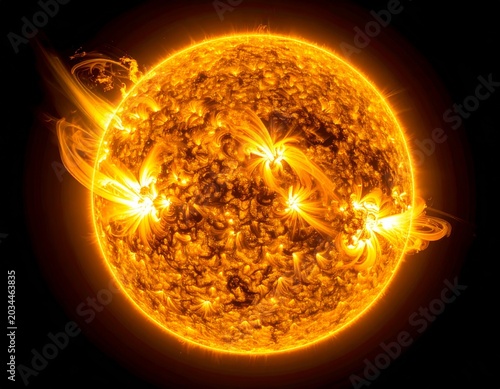 The Sun Blazing with Solar Flares and Prominences Against a Black Void