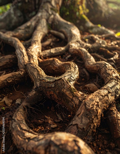 Close Up Of Textured Tree Roots Growing In Forest Soil During Golden Hour Sunlight