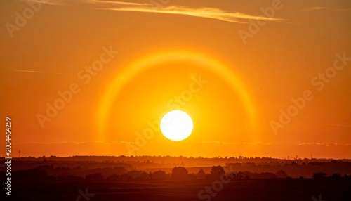Golden Sun Halo Over Horizon Dusk Landscape Warm Orange Sky Atmospheric Phenomenon