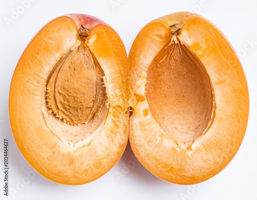 Ripe Apricot Halved Revealing Seed on White Background